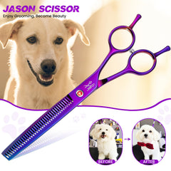 JASON dog grooming scissors show muffler pad reducing noise during grooming.