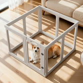 Jatindear 23.6h clear acrylic dog playpen in living room offers visibility and secure containment.