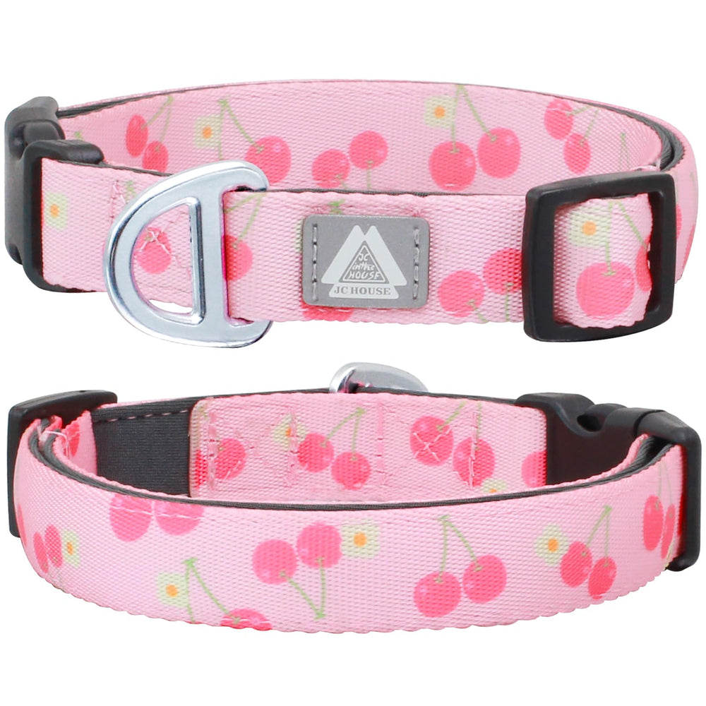 JC HOUSE girl dog collar cherry pattern closeup shows soft padding for comfort.