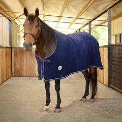 Jeffers Equine Elite fleece cooler blanket front buckle surcingle ensures secure, adjustable fit for post-exercise cooling.