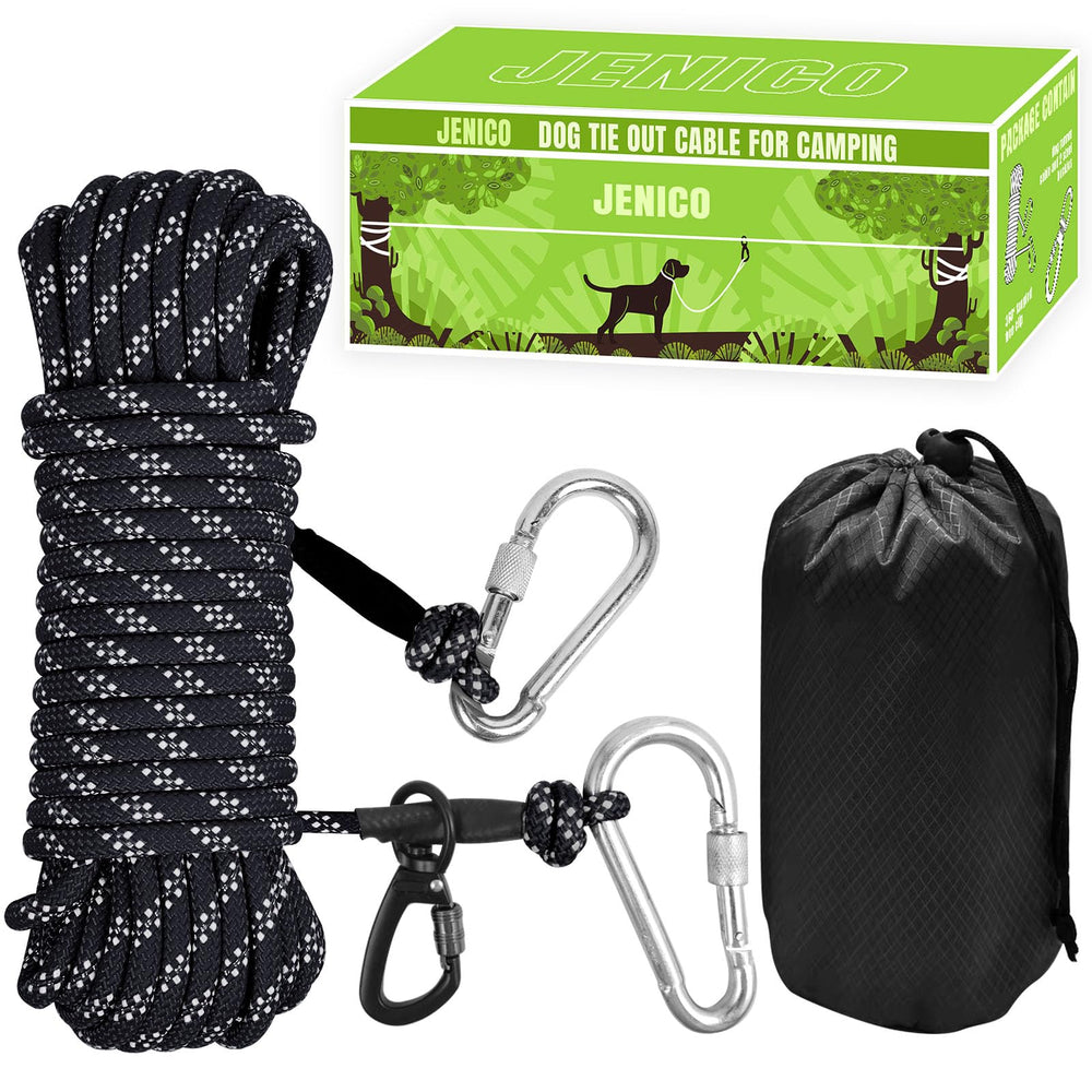 Jenico dog tie-out cable 50ft setup highlights quick, secure outdoor containment.