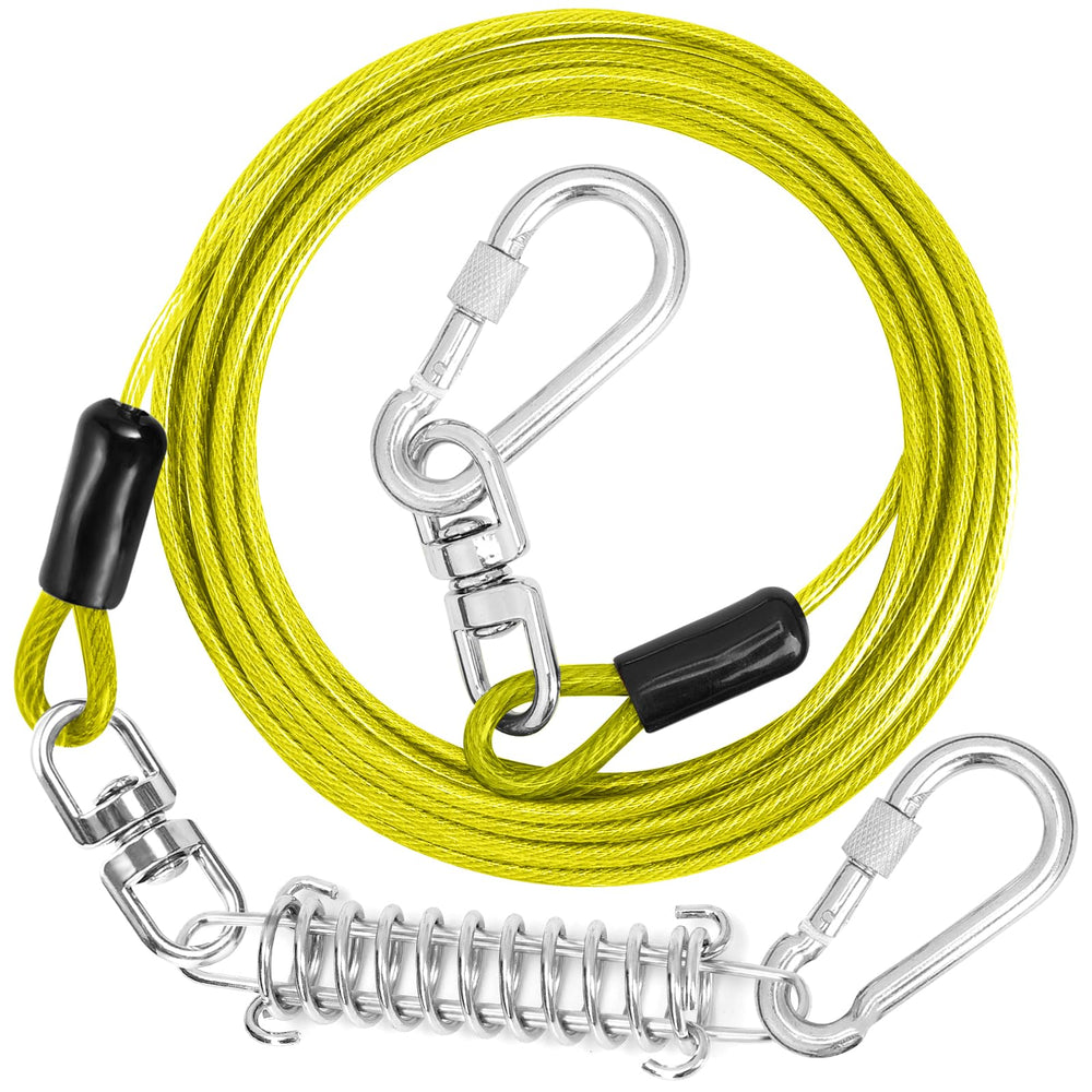 Jenico dog tie out cable closeup of steel wire shows rugged strength for outdoor safety.