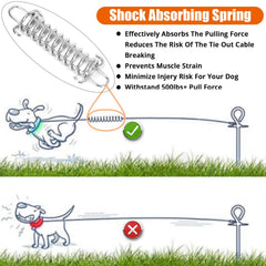 Jenico dog tie-out cable with shock-absorbing spring cushioning pulls
