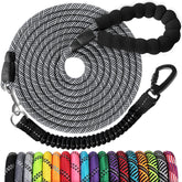 Jenico long dog leash 30ft closed view highlighting sturdy nylon weave and night reflective safety.
