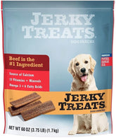 Jerky Treats Tender Strips packaging highlights improved recipe and American beef for nutritious snacking.