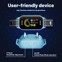 JEUJE bark collar blue dial controls illustrates 7-level sensitivity for tailored control