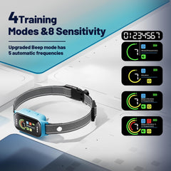 JEUJE bark collar blue safety modes display shows humane training options