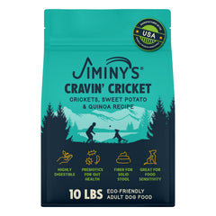 Jiminy's Cravin' Cricket dry dog food bag front showcases allergen-free, USA-made nutrition.