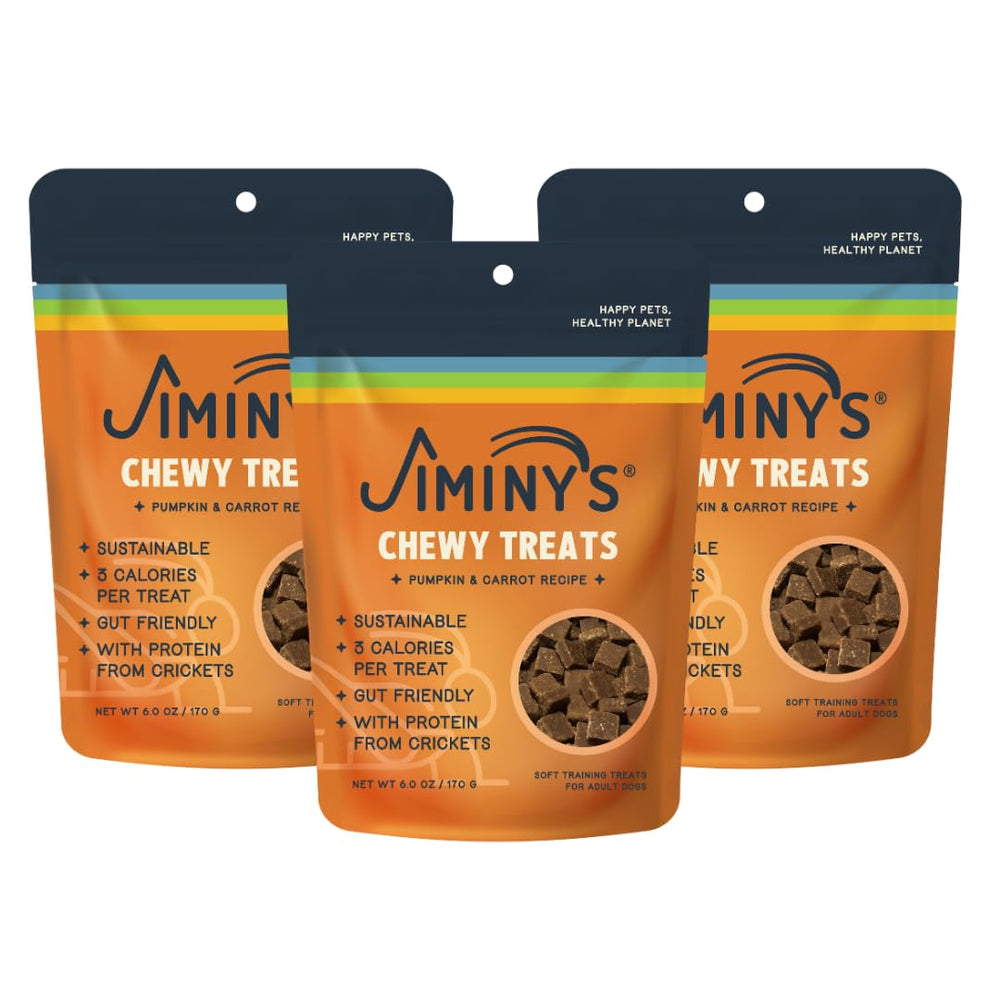 Jiminy's cricket training treats pumpkin and carrot pack-3 bag — convenient, low-calorie rewards for training.