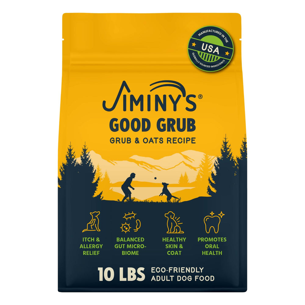 Jiminy's Good Grub dry dog food bag highlights hypoallergenic formula for sensitive dogs