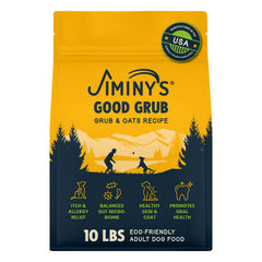 Jiminy's Good Grub dry dog food bag highlights hypoallergenic formula for sensitive dogs