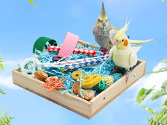 Jinkoozz Bird Foraging Toys Box closeup shows colorful materials and non-toxic textures for parrots.