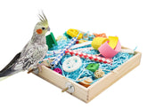 Jinkoozz Bird Foraging Toys Box wooden enclosure for shredding enrichment in a cage.