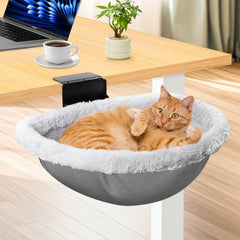 JinxZap Secure Cat Desk Bed clamp view showing stable mounting for active cats.