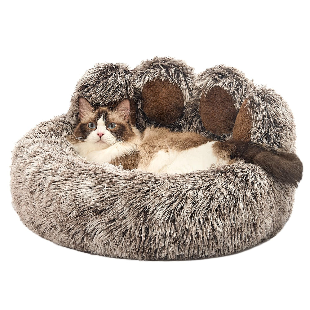 Jiupety Paw Shape Calming Pet Bed gray plush fur for small pets' comfort.