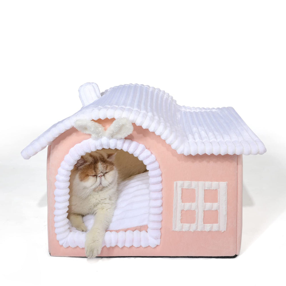 Jiupety Rabbit Cat House pink front view offers cozy den for indoor cats
