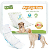 JOCCIK dog diaper liners 100ct pack closeup shows soft absorbent pads for mess-free days