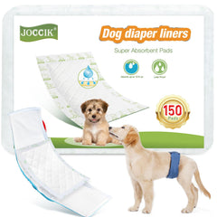 JOCCIK dog diaper liners 100ct pack closeup shows soft absorbent pads for mess-free days