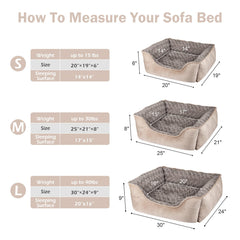 JOEJOY bed in beige demonstrating multiple size options for dogs.