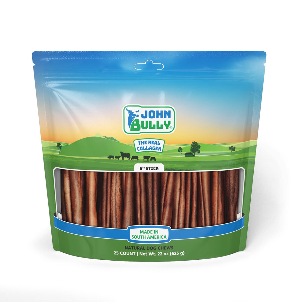 John Bully collagen stick 6in packaging shows bulk 25-pack for convenient daily chews.