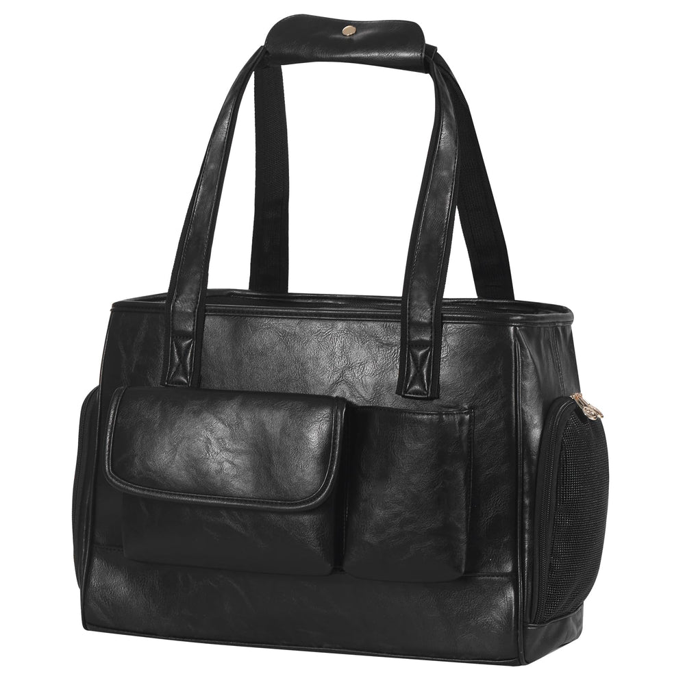 Johomviin dog carrier purse front view in black shows sleek vegan leather for everyday travel.