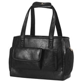 Johomviin dog carrier purse front view in black shows sleek vegan leather for everyday travel.