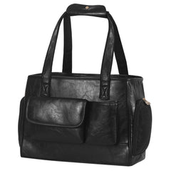 Johomviin dog carrier purse front view in black shows sleek vegan leather for everyday travel.