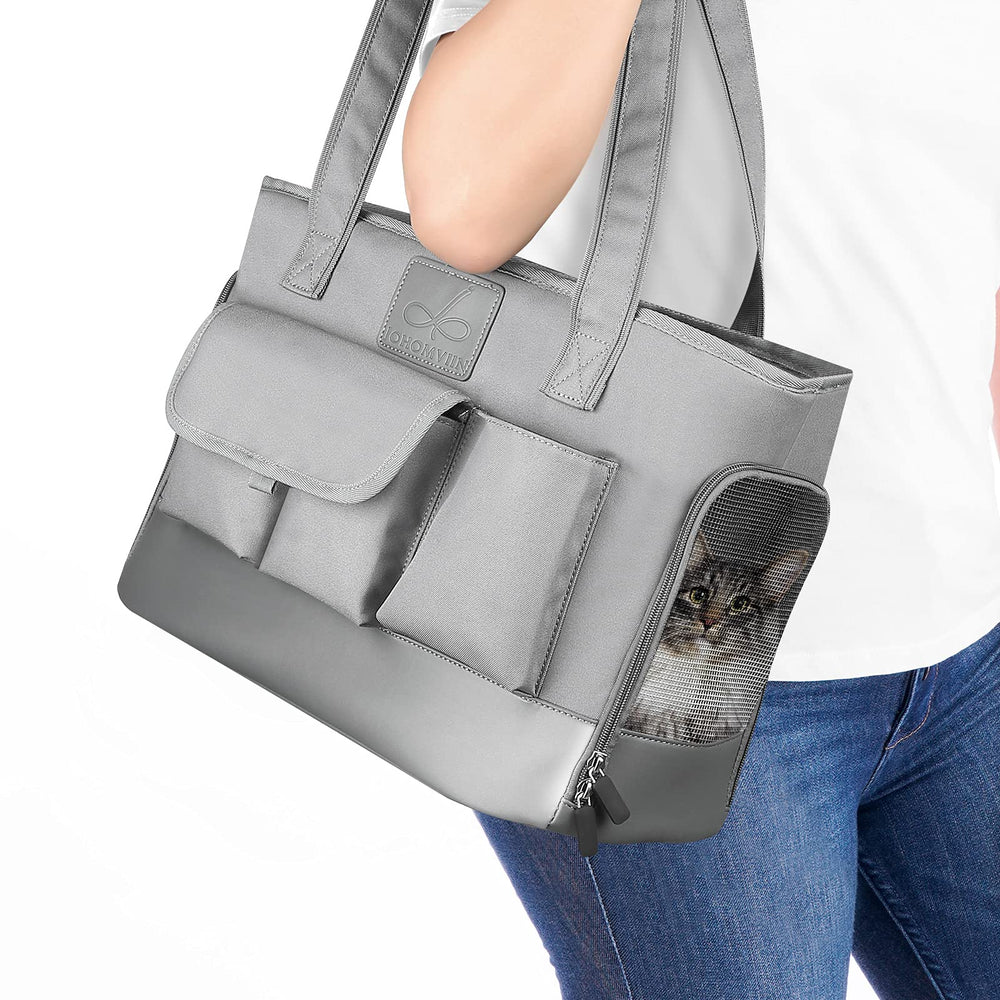 Johomviin pet carrier grey front view shows travel-ready design for pets.