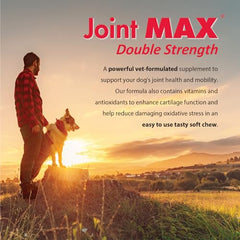 Joint Max Double Strength Soft Chews bottle back shows dosage and guarantee.