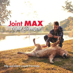 Pouring Joint MAX Liquid for Dogs into a dog’s bowl supports daily joint care.