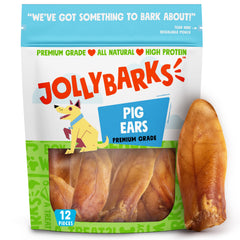Jolly Barks half pig ear dog treat pack shows a chewy, long-lasting chew for dogs.