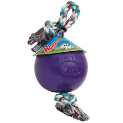 Jolly Pets Romp-n-Roll rope and ball toy 8in purple for large breeds, ideal for fetch.
