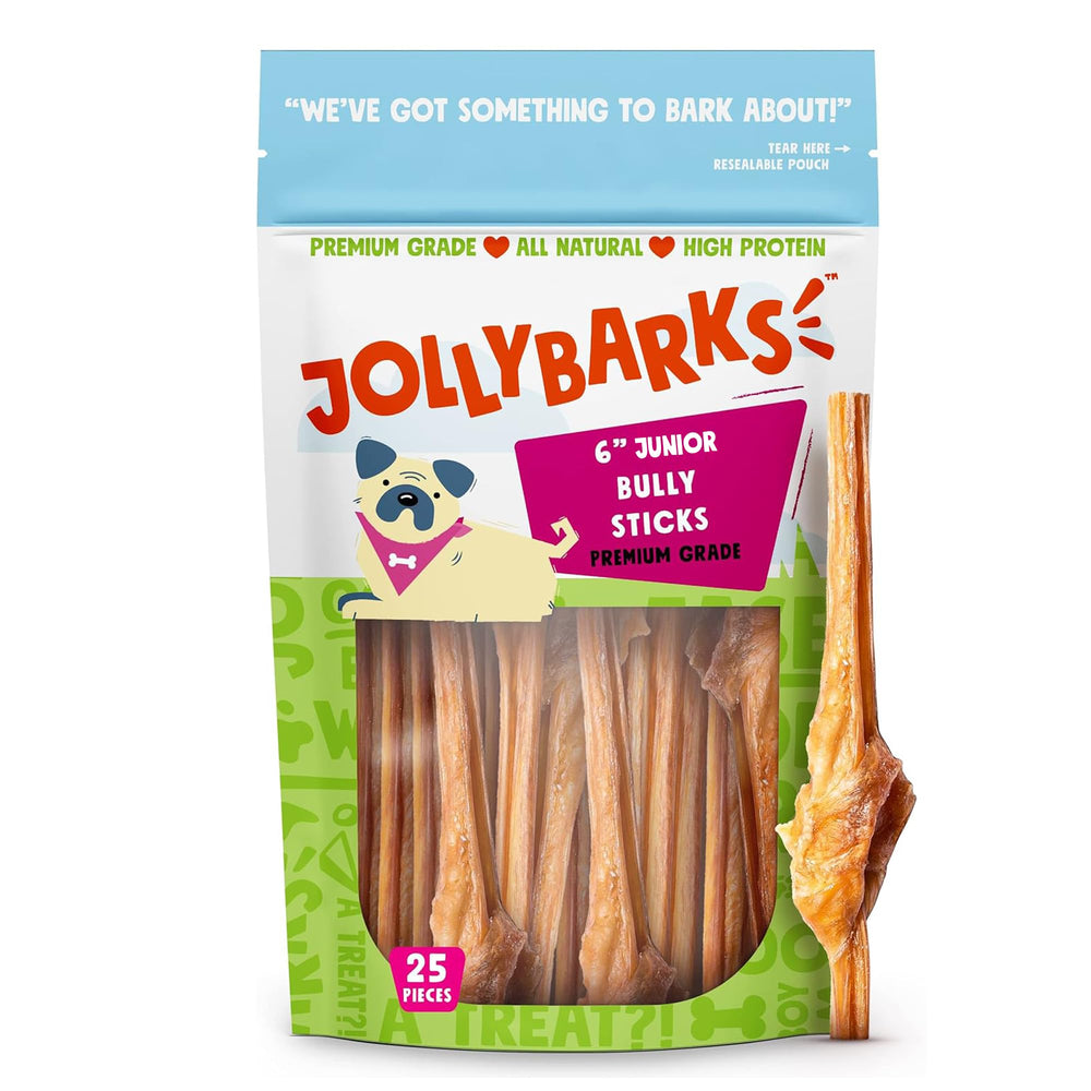 Jolly Barks Junior Bully Sticks pack 6in 25pk for small dogs, easy-to-chew six-inch sticks.