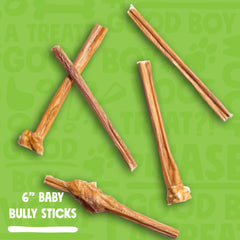 Jolly Barks Junior Bully Sticks close-up shows six-inch chew for small dogs.