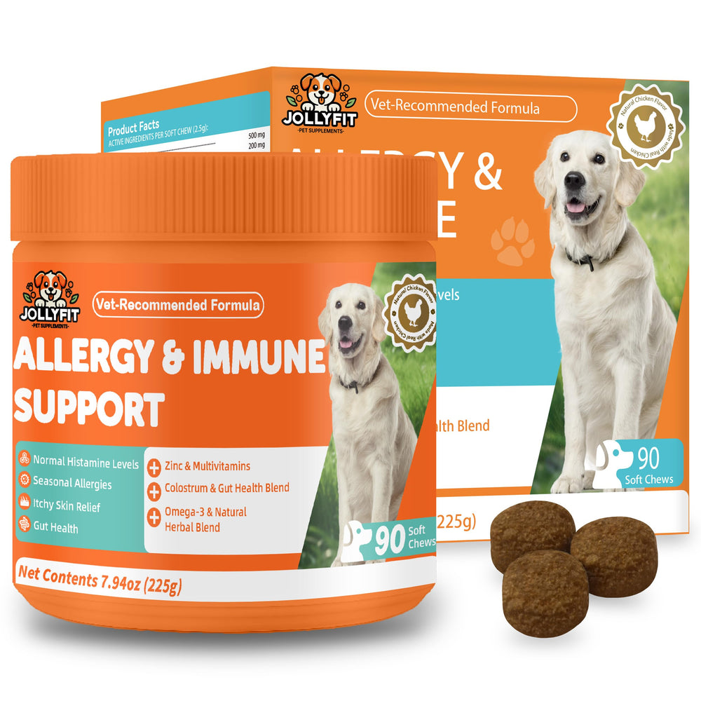 Jollyfit Dog Allergy Chews bottle front for seasonal allergy support