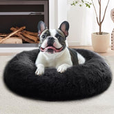 JOLLYVOGUE calming dog bed 36-inch front view showcases plush donut design for cozy containment.