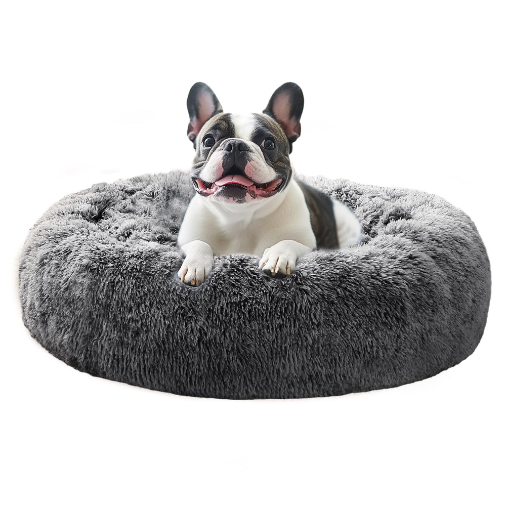 JOLLYVOGUE calming dog bed outer view in smoke black delivers secure, plush comfort.