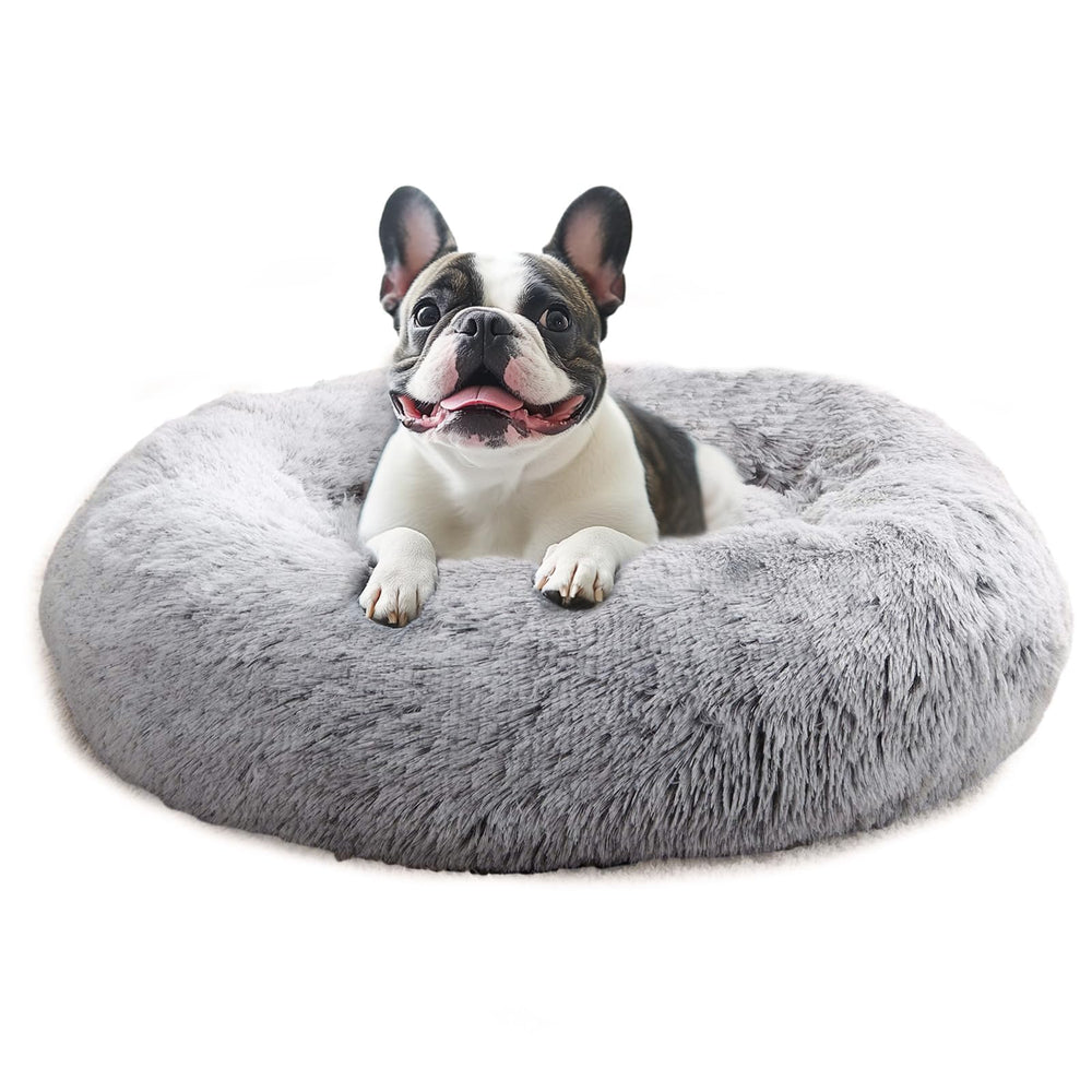 JOLLYVOGUE calming dog bed round donut in smoke grey plush for cozy naps.