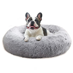 JOLLYVOGUE calming dog bed round donut in smoke grey plush for cozy naps.