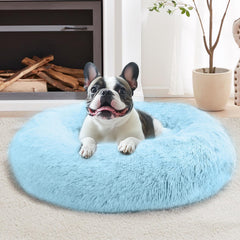JOLLYVOGUE Calming Donut Bed 31-Inch Light Blue, fluffy faux fur for cozy comfort.