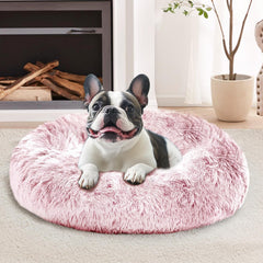 JOLLYVOGUE calming donut bed with soft fur offers a cozy retreat for small pets.