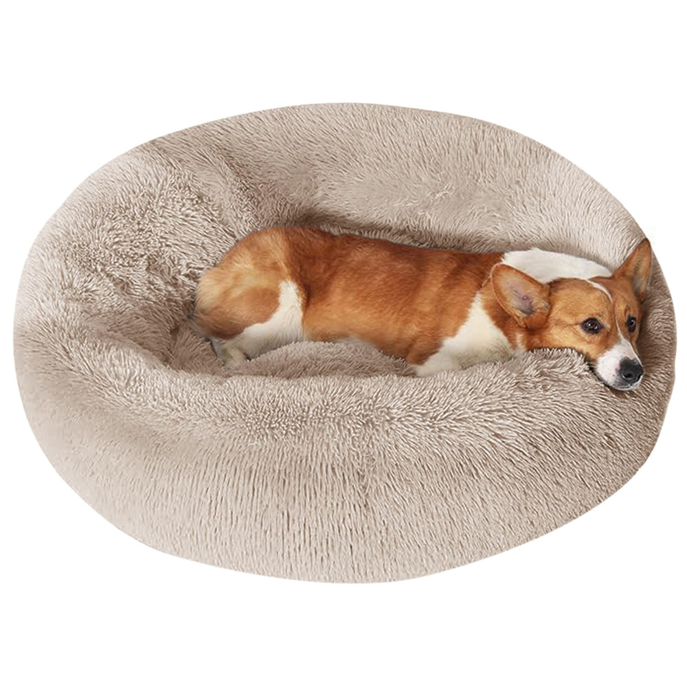 JOLLYVOGUE donut dog bed with fluffy plush fur delivers cozy comfort for pets.