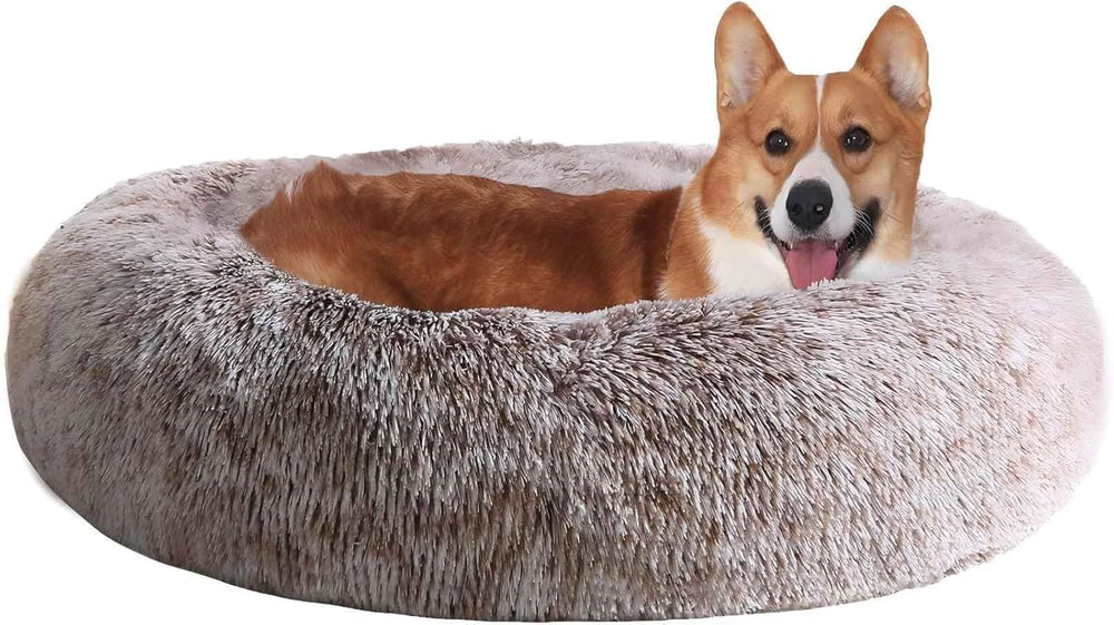 JOLLYVOGUE dog bed donut top view highlights plush warmth for cozy naps.