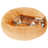 JOLLYVOGUE donut dog bed close-up cover shows plush faux fur for soothing comfort.
