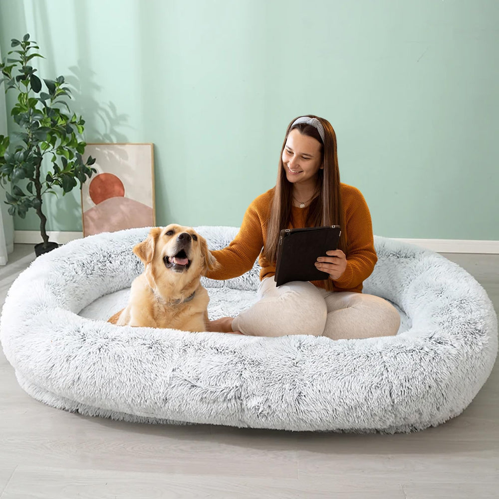 JOLLYVOGUE human dog bed plush fabric close-up for ultra-soft lounging comfort.