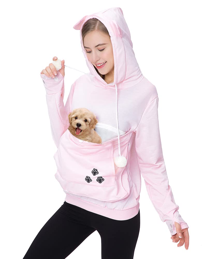 Jomago pet-carrier hoodie front view in pink for hands-free outings.