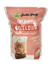 Josh's Frogs Excelsior package front highlights eco-friendly materials for fruit fly cultures.
