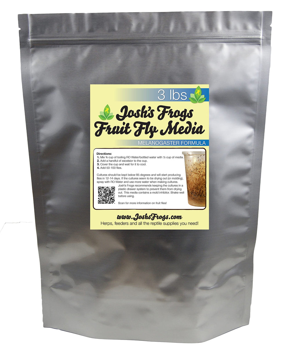 Josh's Frogs Best Melanogaster media bag open supports easy setup for immediate fruit fly cultures.