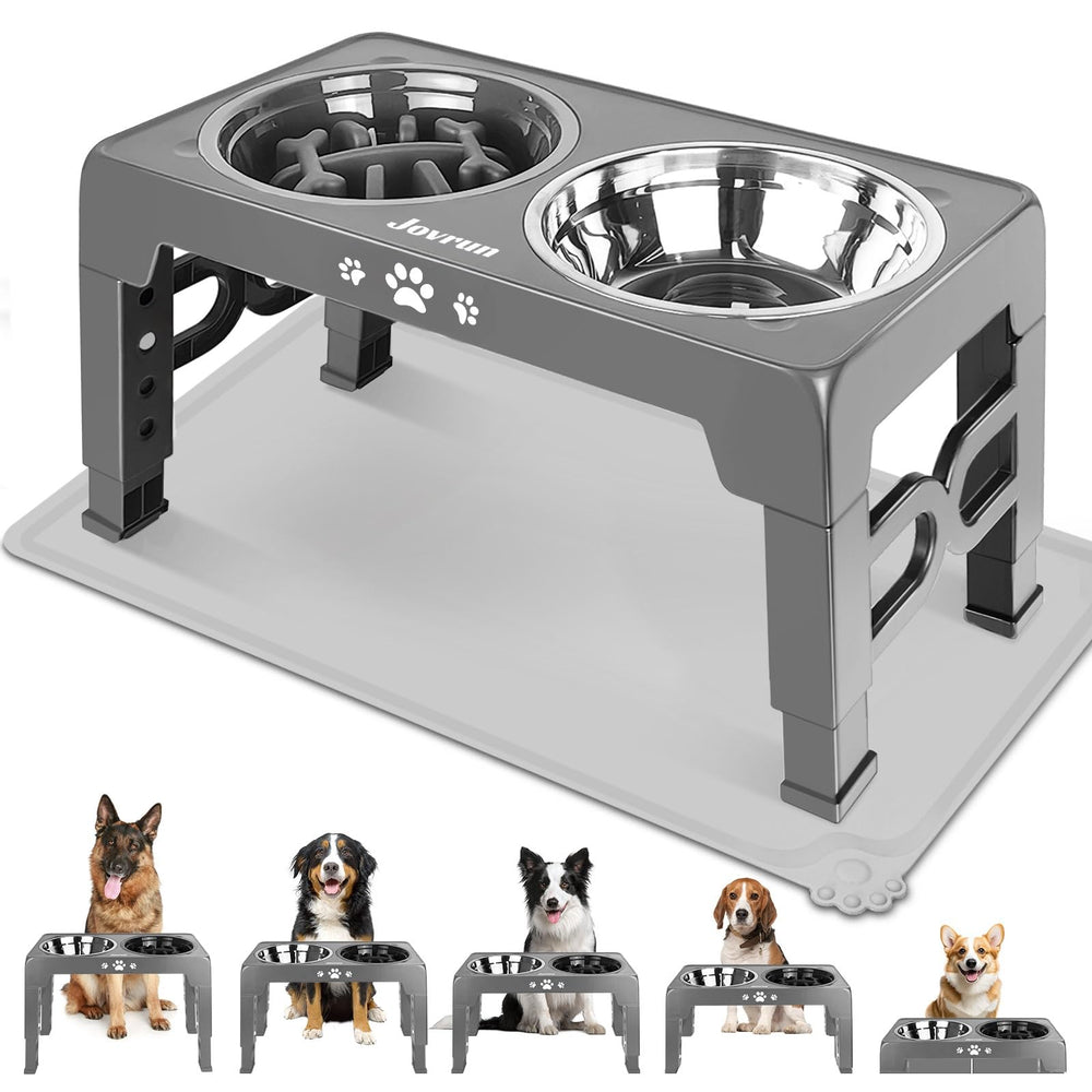 Jovrun elevated dog bowls stand assembly shows adjustable height for comfortable feeding