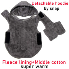JoyDaog fleece dog hoodie gray XS side view with detachable hood for wind protection.